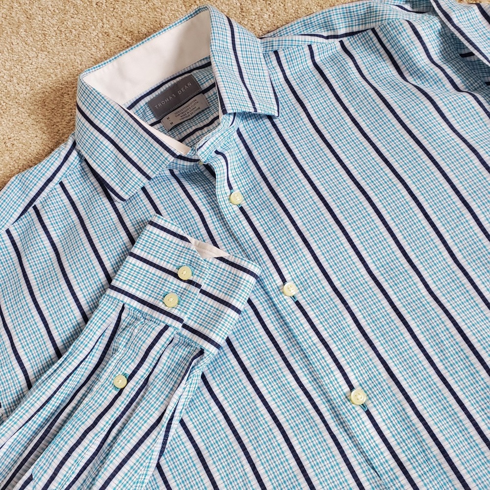 Thomas Dean Men's Shirt Medium Blue and Navy Check Stripe Button Up Long Sleeve